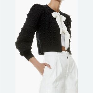 Alice + Olivia Kitty Puff Sleeve Black and White Cardigan with Bow Accents